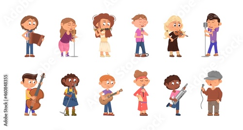 Child musicians. Kids with microphone, cartoon singer and musician. Children play on musical instruments, cartoon concert decent vector characters