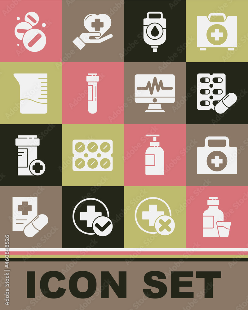 Set Bottle of medicine syrup, First aid kit, Pills blister pack, IV bag, Test tube with blood, Measuring cup, Medicine pill or tablet and Monitor cardiogram icon. Vector Set Bottle of medicine syrup, First aid kit, Pills blister pack, IV bag, Test tube with blood, Measuring cup, Medicine pill or tablet and Monitor cardiogram icon. Vector