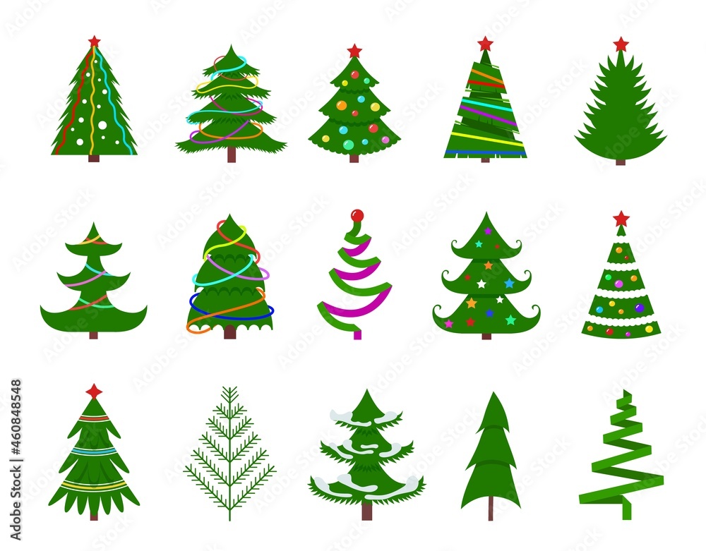 Isolated flat christmas tree. Graphic green trees, different cartoon xmas firs. Simple new year decorate symbols, tradition winter holiday exact vector icons