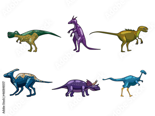 Fototapeta Naklejka Na Ścianę i Meble -  Set funny prehistoric dinosaurus Tyrannosaurus, Triceratops, Brontosaurus. Collection ancient wild monsters reptiles cartoon style. Vector isolated