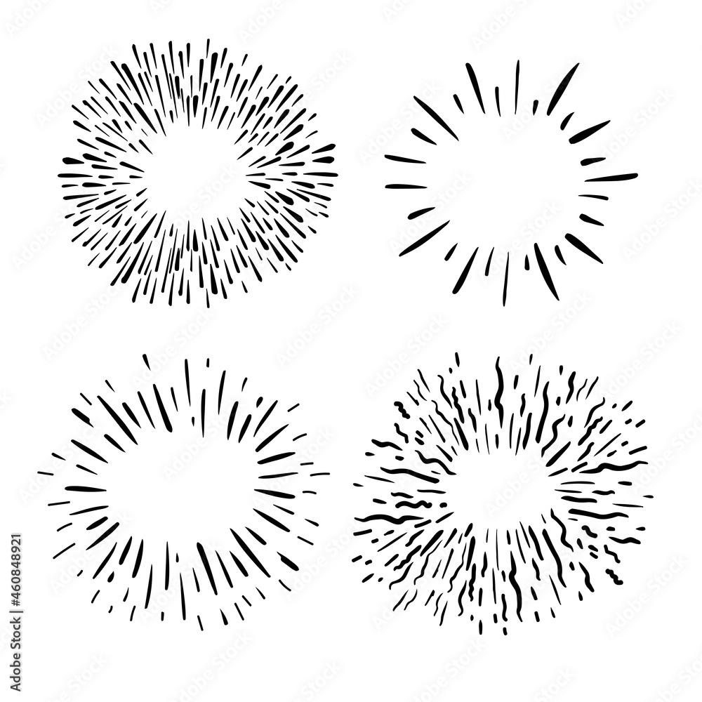 Retro vector set with abstract burst emblem sun ray shape explosion bursting. Starburst, firework. Hand drawn Retro vector set with abstract burst emblem sun ray shape explosion bursting. Starburst, firework. Hand drawn
