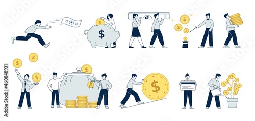 People with money. Earn and profit, man collect cash. Economy business, woman hold coins. Payment and fund, financial recent vector characters