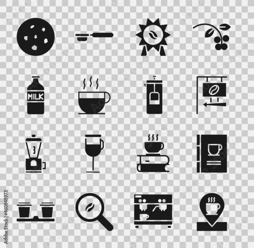Set Location with coffee cup, Coffee book, Street signboard, Medal for, Bottle milk, Cookie biscuit and French press icon. Vector