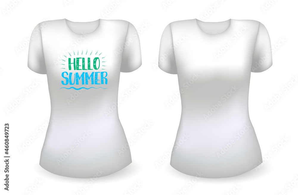 Blank white female t shirt realistic template and white t shirt with label. Hello summer badge. Vector Blank white female t shirt realistic template and white t shirt with label. Hello summer badge. Vector