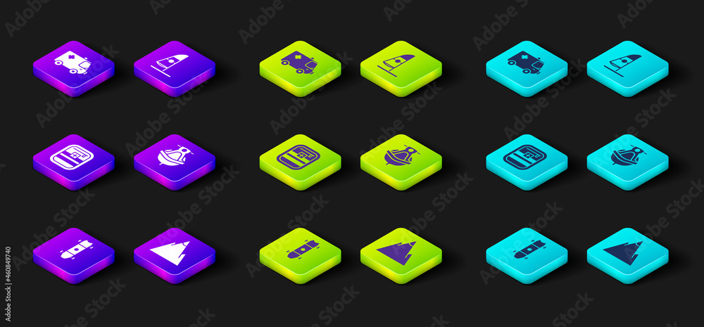Set Longboard or skateboard, Mountains, First aid kit, Jet ski, Windsurfing and Ambulance and emergency car icon. Vector Set Longboard or skateboard, Mountains, First aid kit, Jet ski, Windsurfing and Ambulance and emergency car icon. Vector