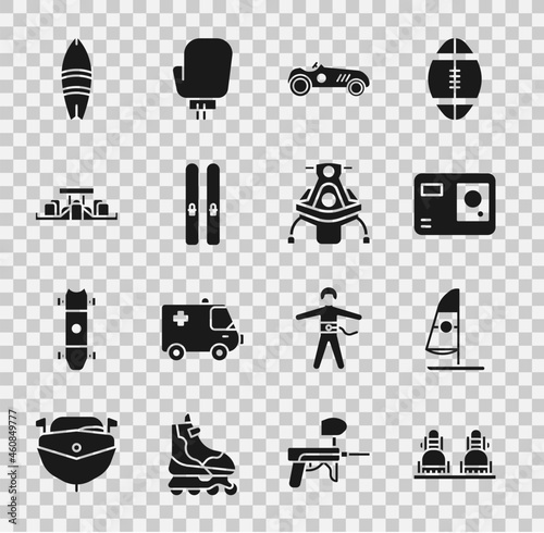 Set Snowboard, Windsurfing, Action extreme camera, Vintage sport racing car, Ski and sticks, Formula 1, Surfboard and Snowmobile icon. Vector