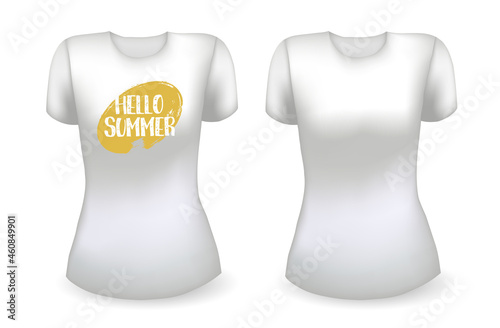Blank white female t shirt realistic template and white t shirt with label. Hello summer badge. Vector