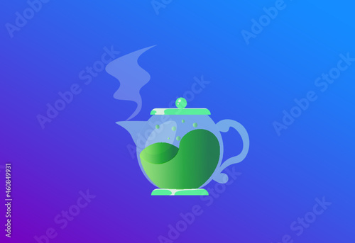Teapot with green tea,bubbles and steam.