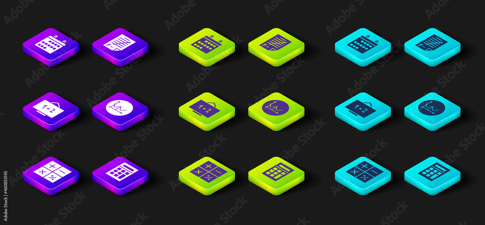Set Calculator, Chalkboard, Graph, schedule, chart, diagram, Exam paper with incorrect answers and Calendar icon. Vector Set Calculator, Chalkboard, Graph, schedule, chart, diagram, Exam paper with incorrect answers and Calendar icon. Vector