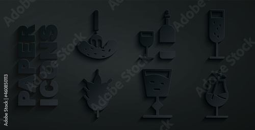Set Wine glass, Glass of champagne, Hop, Cocktail, bottle with and Pickled cucumber on fork icon. Vector