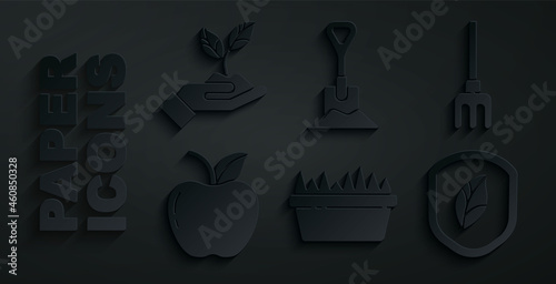 Set Fresh grass in a rectangular, Garden rake, Apple, Shield with leaf, Shovel the ground and Plant hand of environmental icon. Vector