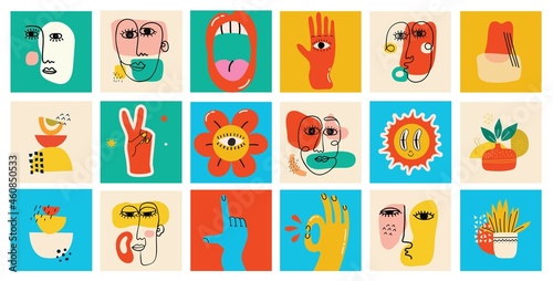 Big Set of Different colored Vector illustartion posters in Cartoon Flat design. Hand drawn Abstract shapes, funny Comic characters.