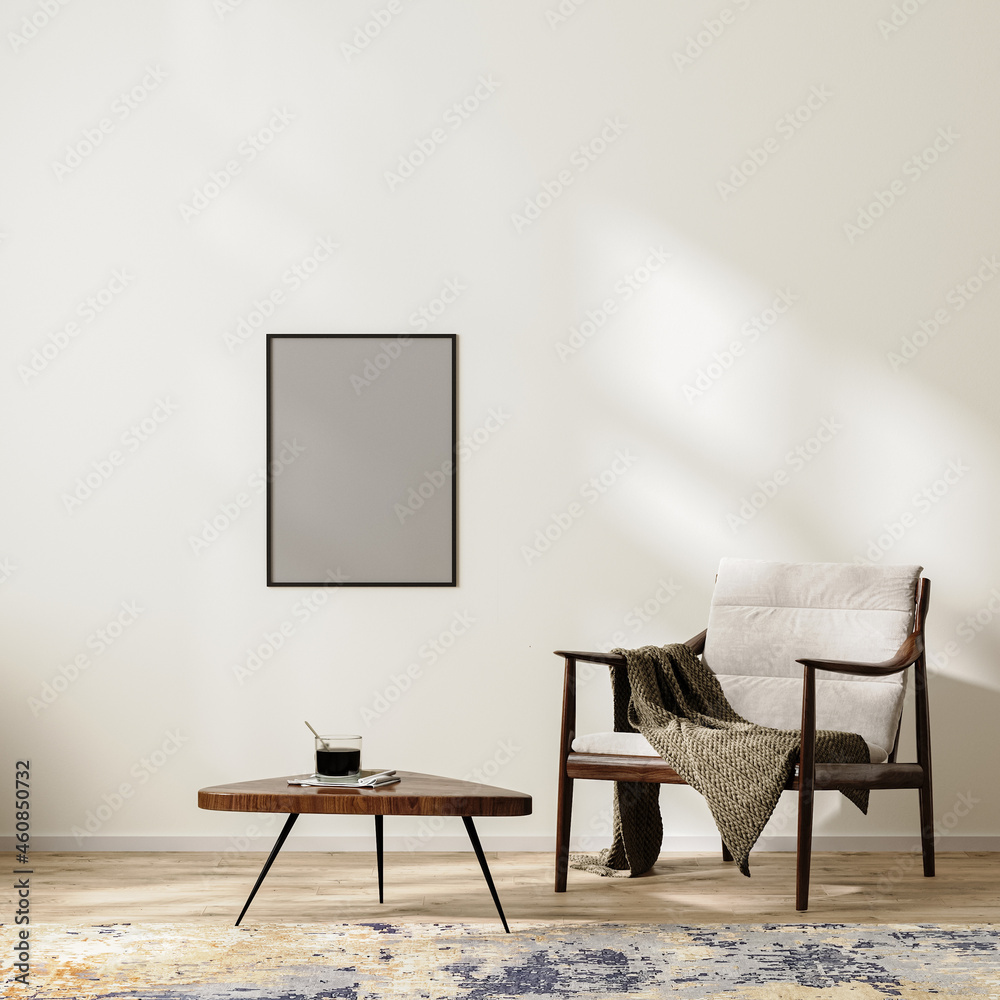 poster frame mock up in scandinavian minimalist interior background with armchair with blanket and coffee table, rug, empty white wall mock up, 3d rendering poster frame mock up in scandinavian minimalist interior background with armchair with blanket and coffee table, rug, empty white wall mock up, 3d rendering