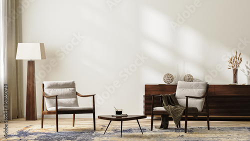 Bright modern living room interior in neutral colors with armchairs  floor lamp  rug and coffee table  chest of drawers with home decor  wide empty wall  3d render