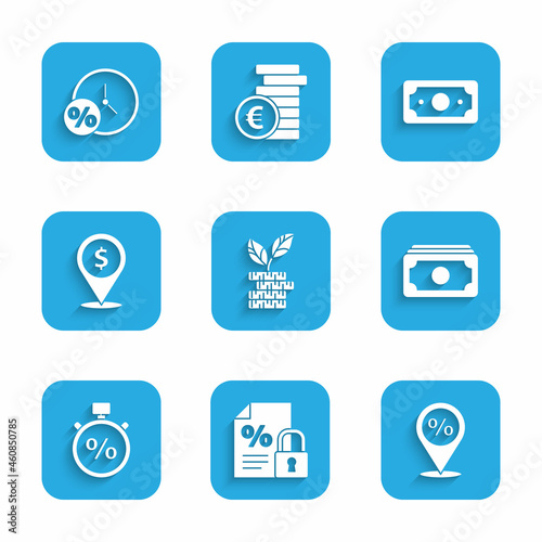 Set Dollar plant, Finance document and lock, Location with percent discount, Stacks paper money cash, Stopwatch, Cash location, and Clock icon. Vector