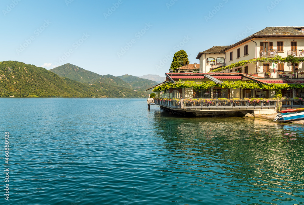 Landscape of Lake Orta with historic building on the bank of lake Orta, Piedmont, Italy