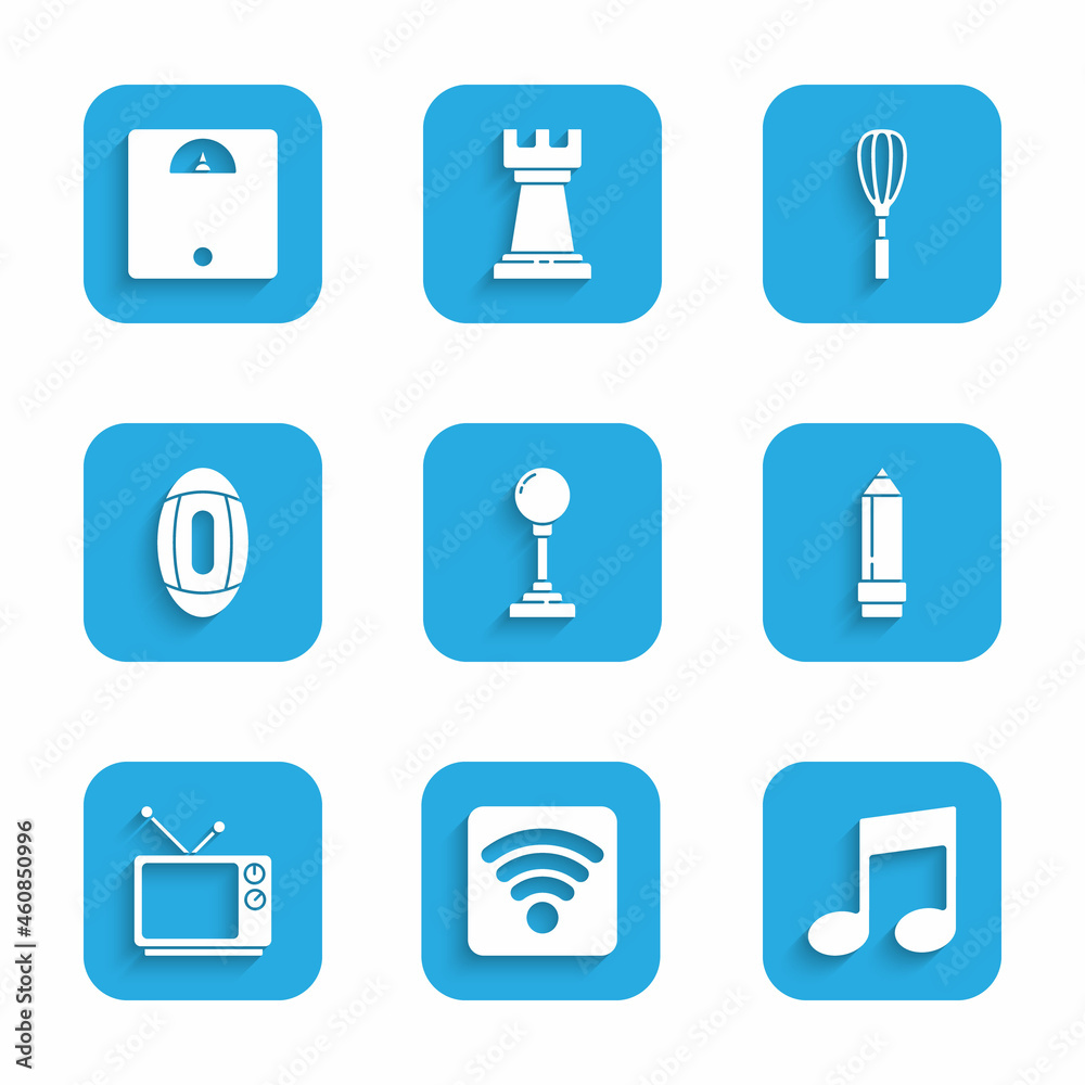 Set Joystick for arcade machine, Wi-Fi wireless internet network, Music note, tone, Pencil with eraser, Retro tv, American Football ball, Kitchen whisk and Bathroom scales icon. Vector Set Joystick for arcade machine, Wi-Fi wireless internet network, Music note, tone, Pencil with eraser, Retro tv, American Football ball, Kitchen whisk and Bathroom scales icon. Vector