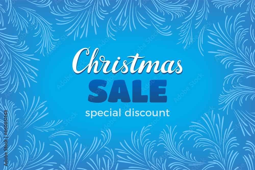 Christmas sale background. Discount banner with winter blue pattern and lettering. Vector cartoon flat illustration.