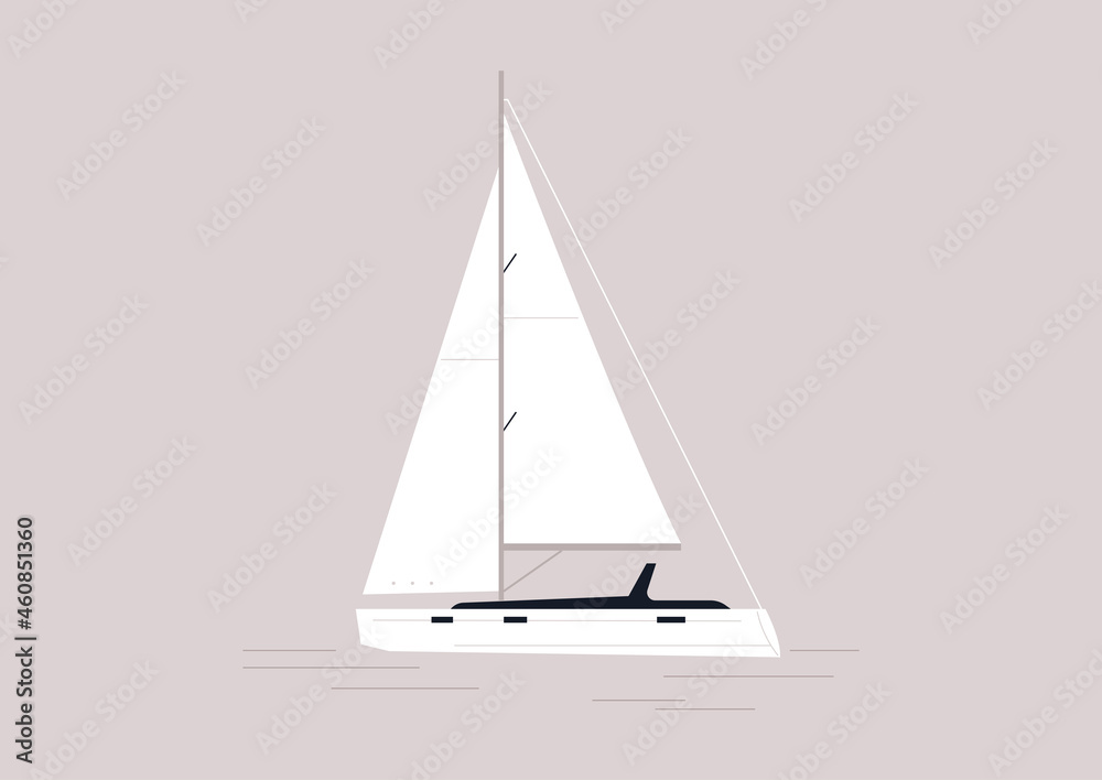 A side view of a sailing boat, active summer vacation, outdoor sport, no people A side view of a sailing boat, active summer vacation, outdoor sport, no people
