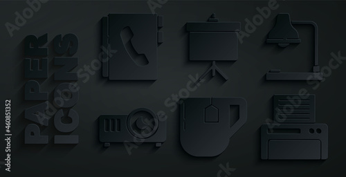 Set Cup of tea with tea bag, Table lamp, Movie, film, media projector, Printer, Chalkboard diagram and Address book icon. Vector