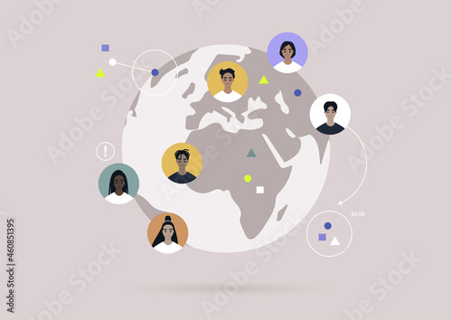 Global communications concept, a Globe with colorful user avatars on it, Globalisation photo