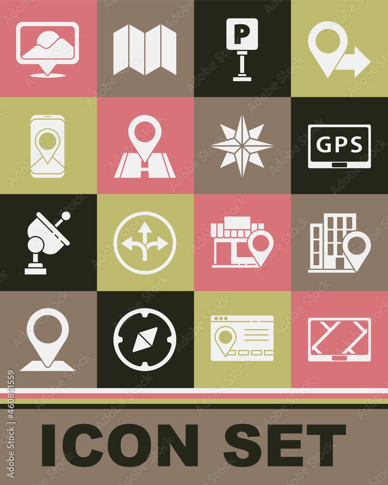 Set Gps device with map, Location house, Parking, City navigation, and Wind rose icon. Vector Set Gps device with map, Location house, Parking, City navigation, and Wind rose icon. Vector
