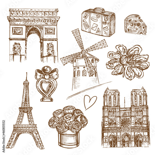 Hand drawn sketch illustration Paris set on white background. Travel concept