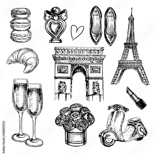 Hand drawn sketch illustration with Paris set with architecture, food and fashion on white background. Travel concept