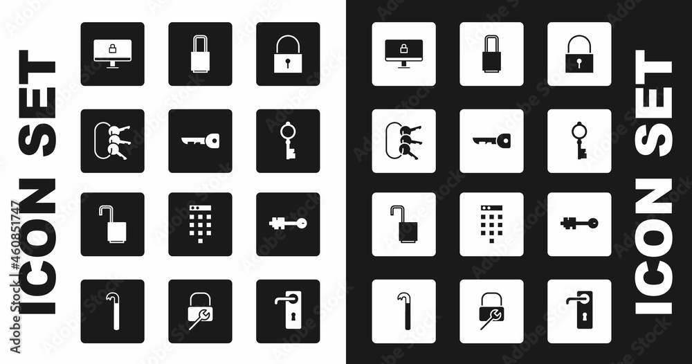 Set Lock, Key, Bunch of keys, on computer monitor, Old, and Open padlock icon. Vector