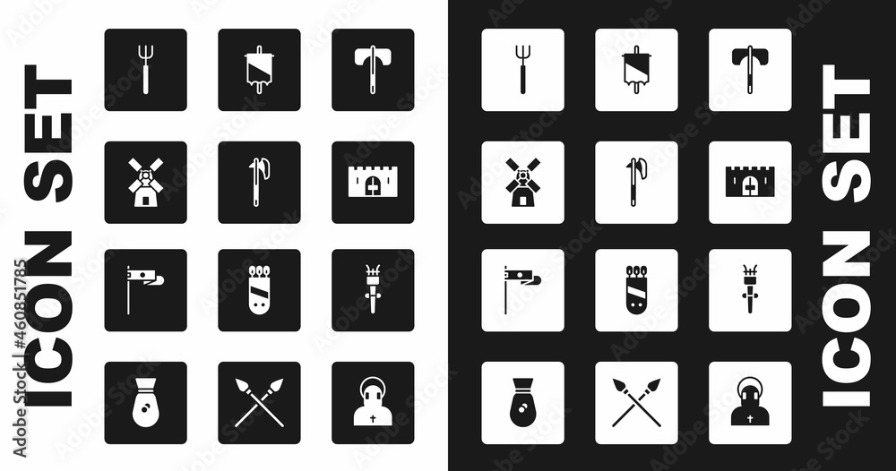 Set Medieval axe, Windmill, Garden pitchfork, castle gate, flag, Torch flame and icon. Vector Set Medieval axe, Windmill, Garden pitchfork, castle gate, flag, Torch flame and icon. Vector
