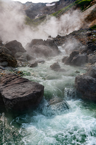 Mountain landscape at Paramushir Island, Kuril Islands, Russia. The Yurievskie hot springs photo