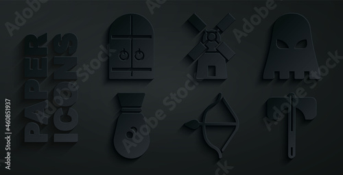 Set Medieval bow and arrow, Executioner mask, Old money bag, axe, Windmill and castle gate icon. Vector
