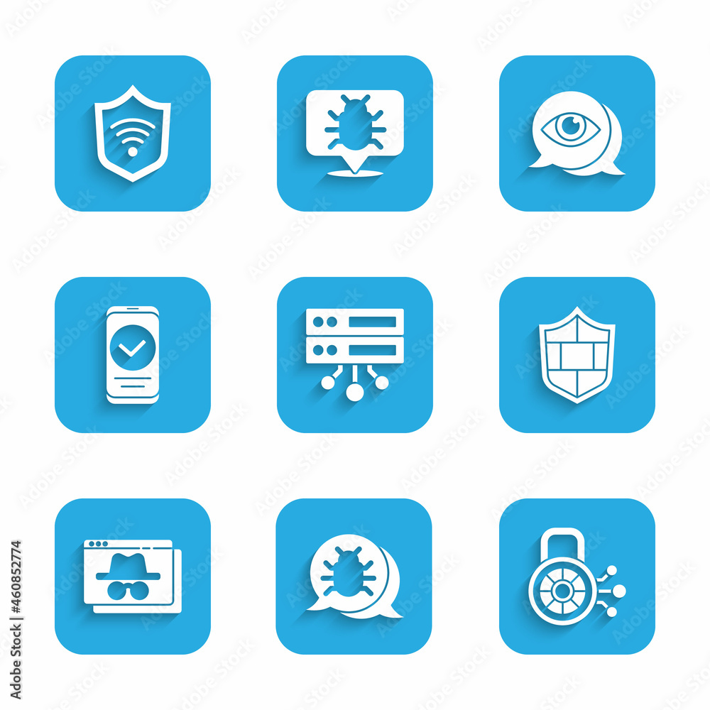 Set Server, Data, Web Hosting, System bug, Cyber security, Shield with brick wall, Browser incognito window, Smartphone, Eye scan and WiFi wireless icon. Vector