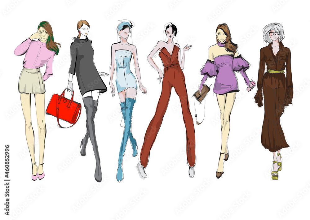 Obraz premium Young beautiful woman in stylish clothes. Sale concept. Hand-drawn fashion illustration