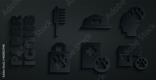 Set Clinical record pet, Human with animals footprint, Shopping bag, Veterinary hospital, Pet food bowl and Pets vial medical icon. Vector
