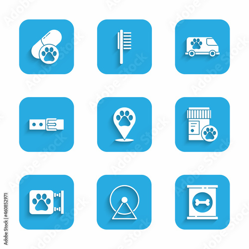 Set Location veterinary, Hamster wheel, Canned food, Dog medicine bottle, Veterinary clinic, Collar with name tag, ambulance and pill icon. Vector © Kostiantyn