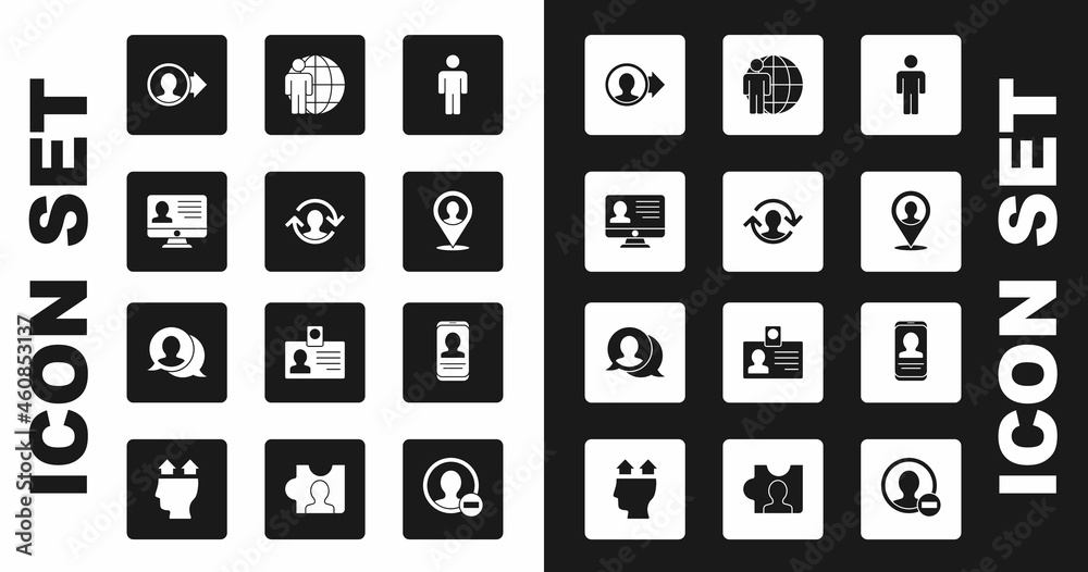 Set User of man, Human resources, Monitor with resume, Create account screen, Location person, Head hunting, Mobile and Speech bubble chat icon. Vector Set User of man, Human resources, Monitor with resume, Create account screen, Location person, Head hunting, Mobile and Speech bubble chat icon. Vector