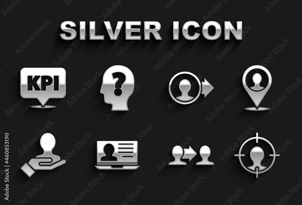 Set Laptop with resume, Location person, Head hunting, Project team base, Hand for search people, Create account screen, Key performance indicator and question mark icon. Vector