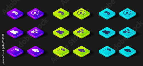 Set Cone windsock wind vane, Sun and cloud weather, Meteorology thermometer, Lightning bolt and Rainbow icon. Vector
