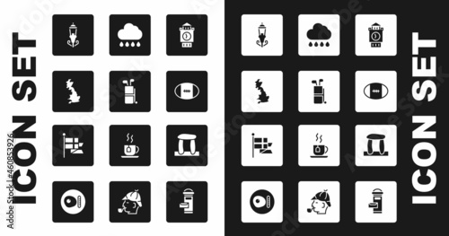 Set Big Ben tower, Golf bag with clubs, England map, Vintage street light, Rugby ball, Cloud rain, Stonehenge and flag flagpole icon. Vector