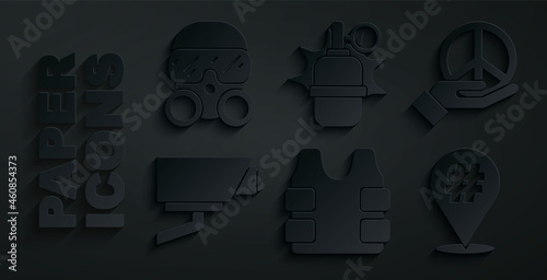 Set Bulletproof vest, Peace, Security camera, Protest, Hand grenade and Gas mask icon. Vector