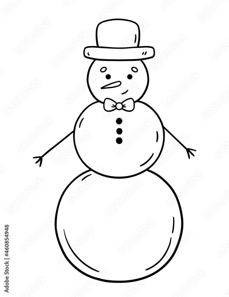 Cute snowman in a hat and bow tie isolated on white background. Vector hand-drawn illustration in doodle style. Perfect for holiday and Christmas designs, cards, logo, decorations.