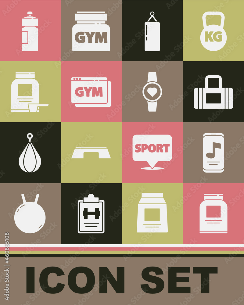 Set Sports nutrition, Music player, bag, Punching, Online fitness and training, Fitness shaker and Smartwatch icon. Vector Set Sports nutrition, Music player, bag, Punching, Online fitness and training, Fitness shaker and Smartwatch icon. Vector