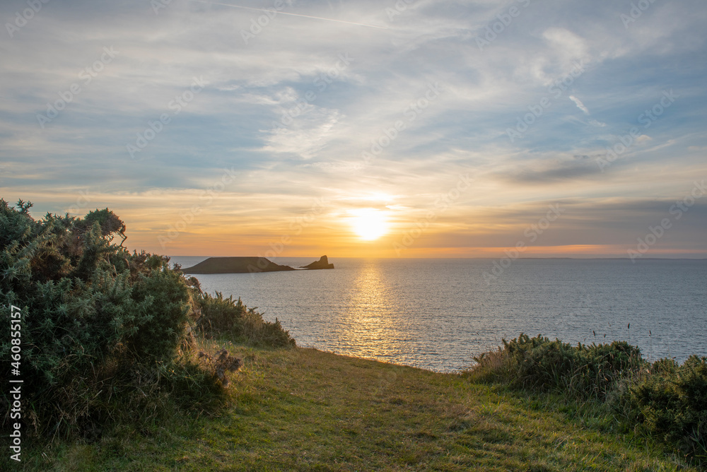 Sunset at Worms Head Rhossili Bay, Gower. South Wales
