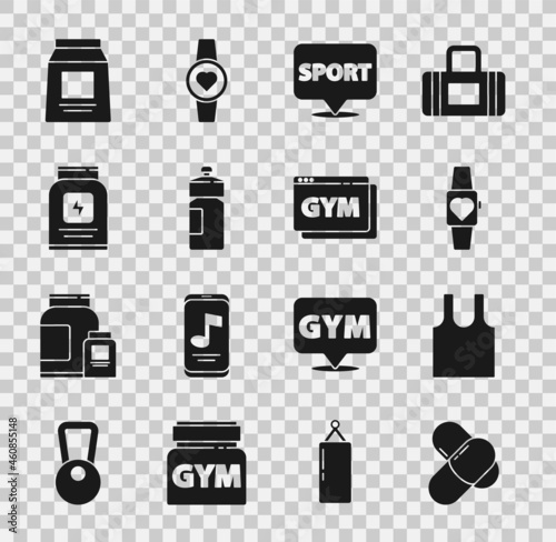 Set Sports nutrition, Sleeveless T-shirt, Smartwatch, Location gym, Fitness shaker, and Online fitness and training icon. Vector