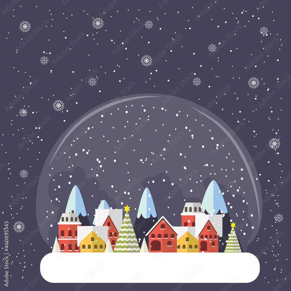 Vector illustration of Christmas glass ball with trees, houses and snow Vector illustration of Christmas glass ball with trees, houses and snow