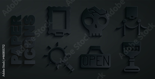 Set Hanging sign with Open, Picture and rope barrier, Magnifying glass, Medieval goblet, Broken human skull and icon. Vector