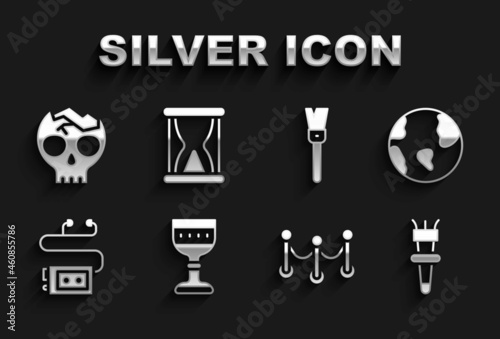 Set Medieval goblet, Earth globe, Torch flame, Rope barrier, Museum audio guide, Paint brush, Broken human skull and Old hourglass with sand icon. Vector