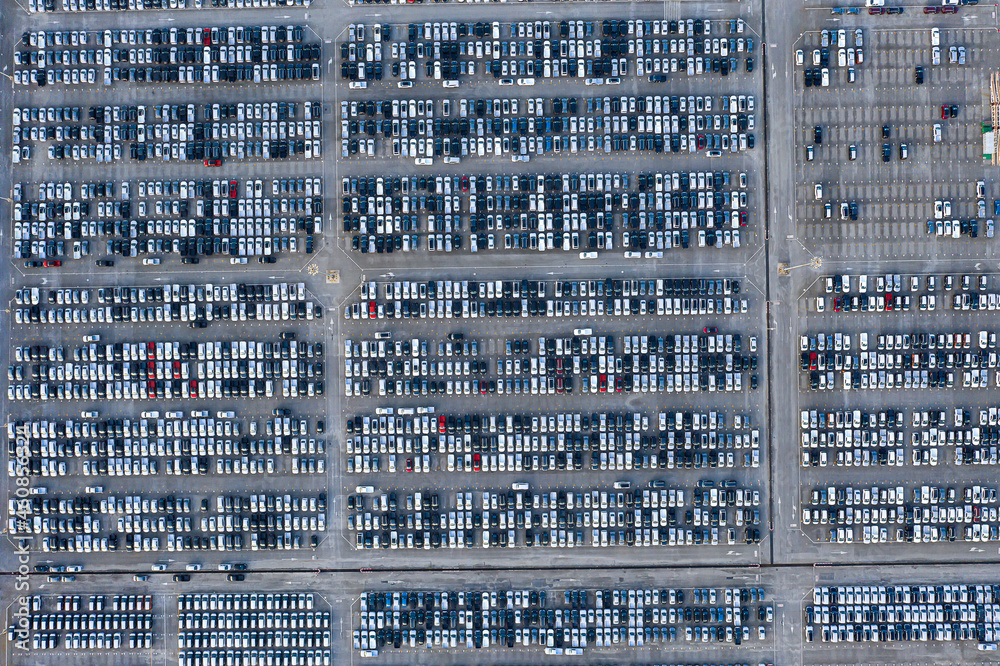Aerial view New cars parked in ports preparing for export to foreign countries,concept about the automotive industry