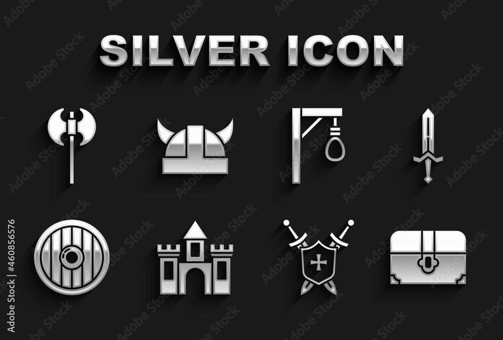 Set Castle, fortress, Medieval sword, Antique treasure chest, shield with swords, Round wooden, Gallows, axe and Viking in horned helmet icon. Vector Set Castle, fortress, Medieval sword, Antique treasure chest, shield with swords, Round wooden, Gallows, axe and Viking in horned helmet icon. Vector